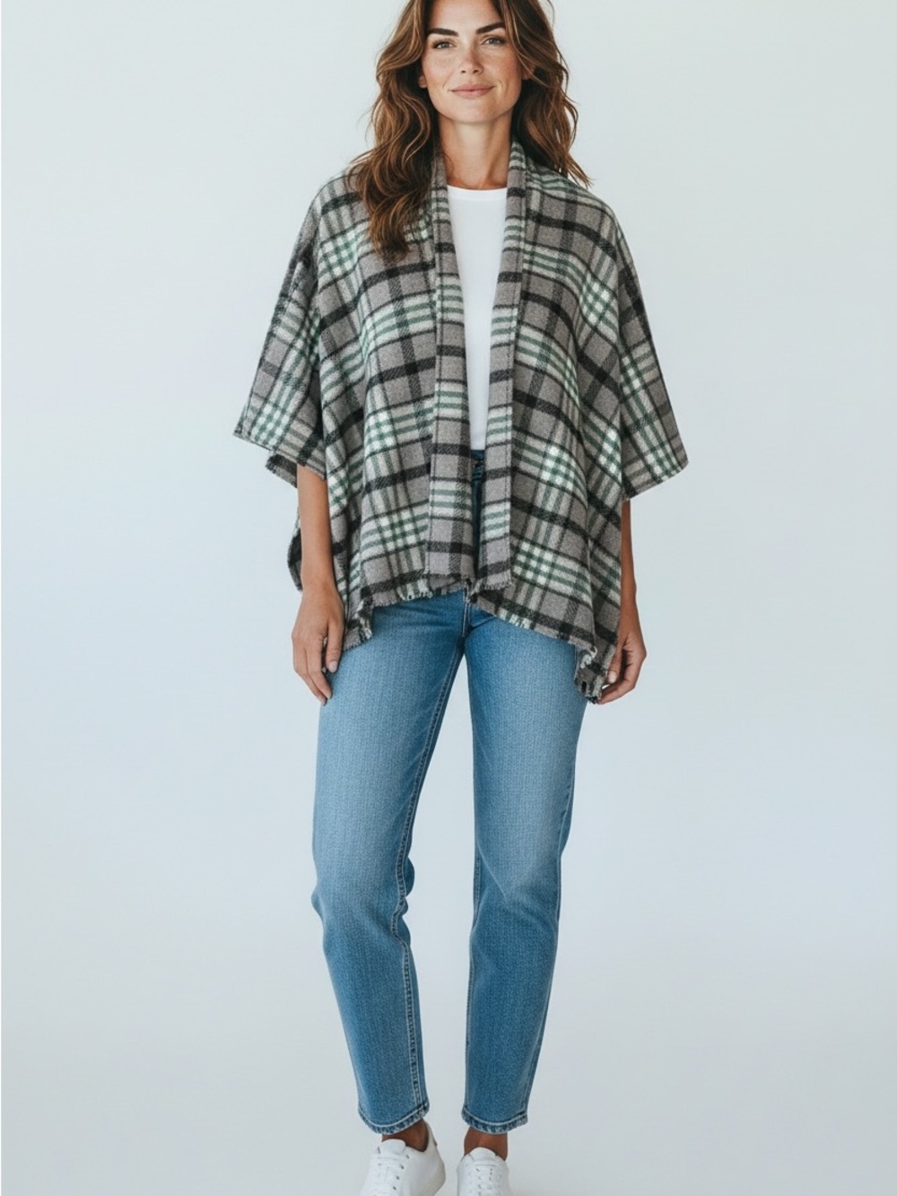 NWT Womenâs LOFT Gray and Mint Plaid Open-Front Poncho